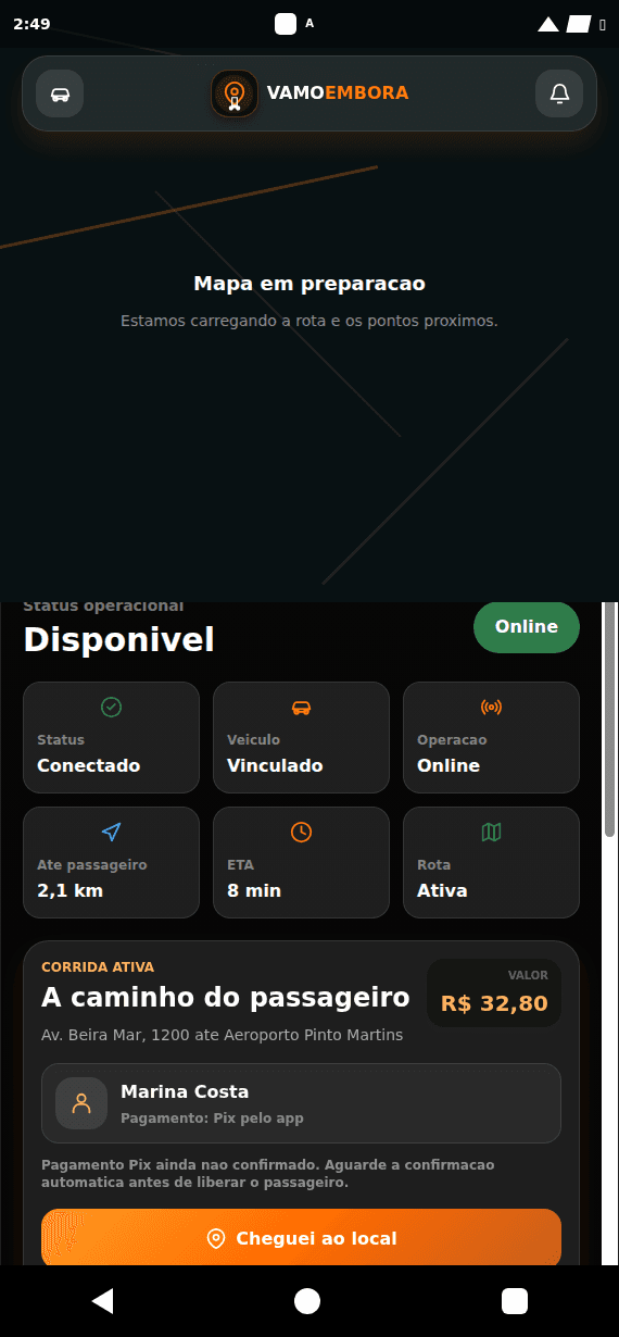 Screenshot real do app VAMOEMBORA - Solicite a corrida