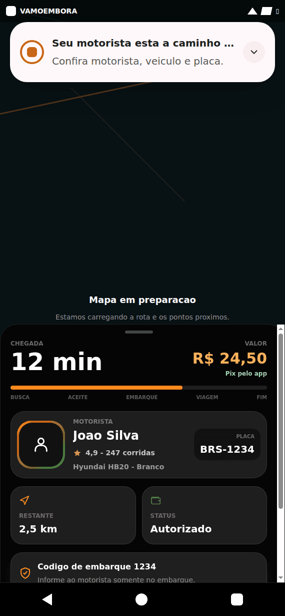 Screenshot real do app VAMOEMBORA - Chegue ao destino