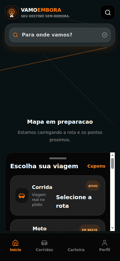 Screenshot real do app VAMOEMBORA - Cadastre-se